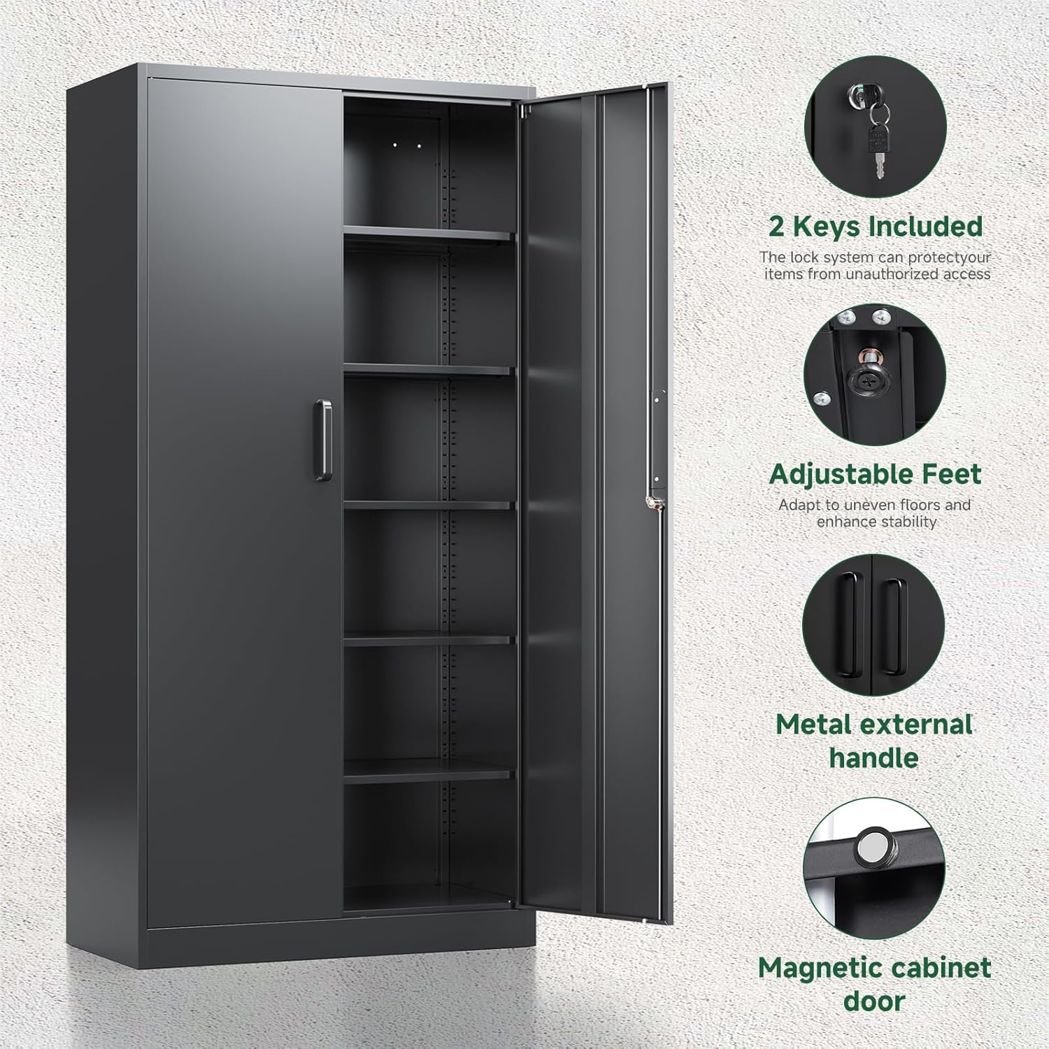 Letaya Metal Storage Cabinets with Lock Doors,Tall Locker Organizer Steel Garage Cabinets, 5 Adjustable Layers Shelves for Home, Office, Warehouse,Tool,Industrial(Black)