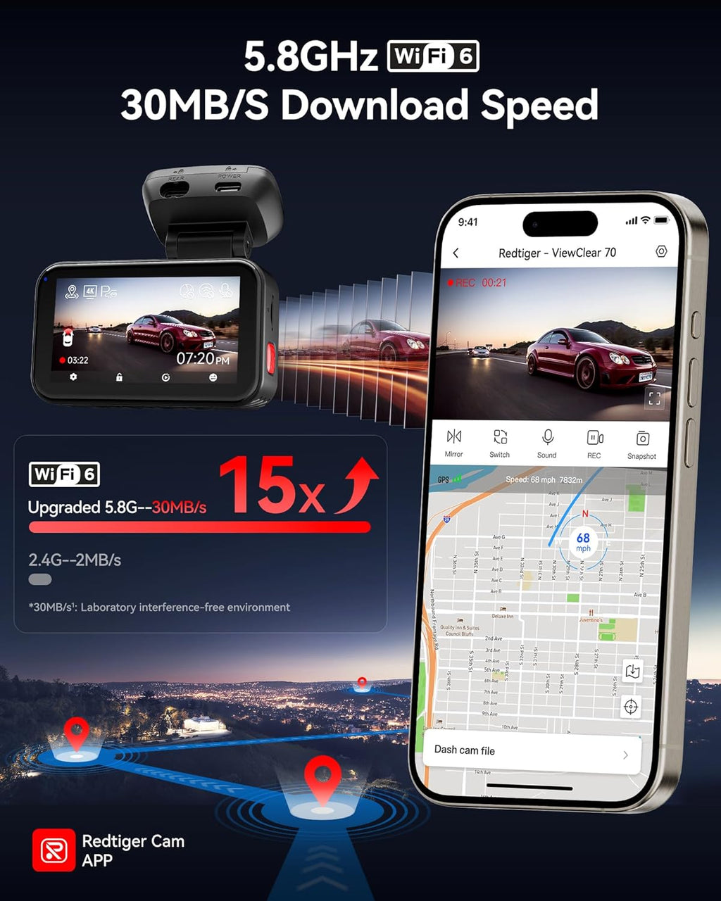 REDTIGER ViewClear 70 4K+2.5K Dash Cam Front and Rear, STARVIS 2 IMX678 x Wondrix™ Sensor, Dual HDR Hyper Night Clarity, 5.8GHz WiFi 6, 30MB/S Fast Download, Dash Camera with 24H Parking Monitor