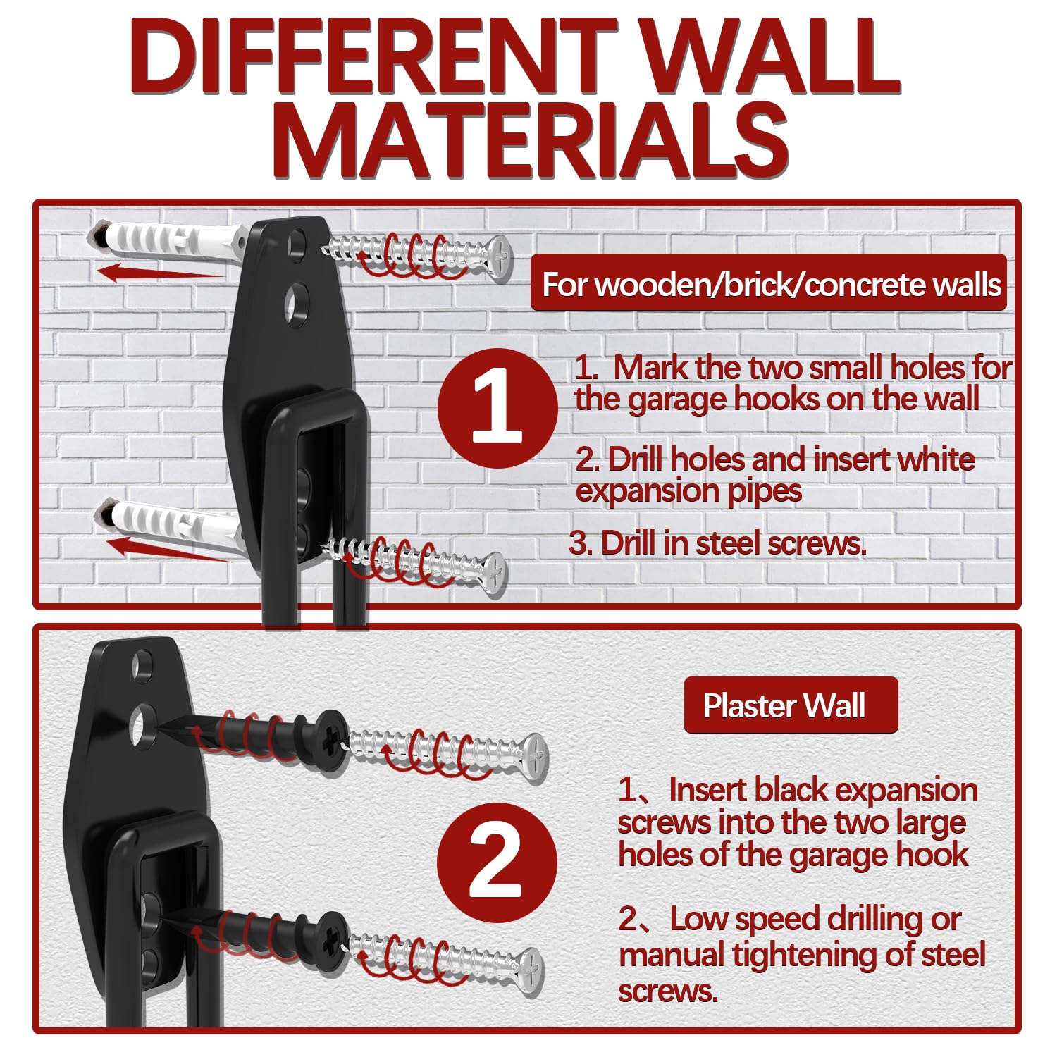 3-H Garage Wall Hooks 42 Pack, Heavy Duty Garage Hooks with Extra Welding Spots, Wall Mount Storage Organizer for Hanging Garden Lawn Tools, Ladder, Bike, WeedEater, Chair, Shovel, Blower (Red)