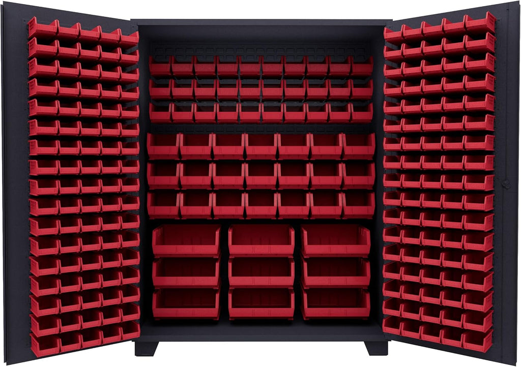 Jamco Tool Storage Cabinets with Bin Mounts, Model DE, Includes 230 Bins, 60-Inch W x 24-Inch D x 78-Inch H, Red Bins