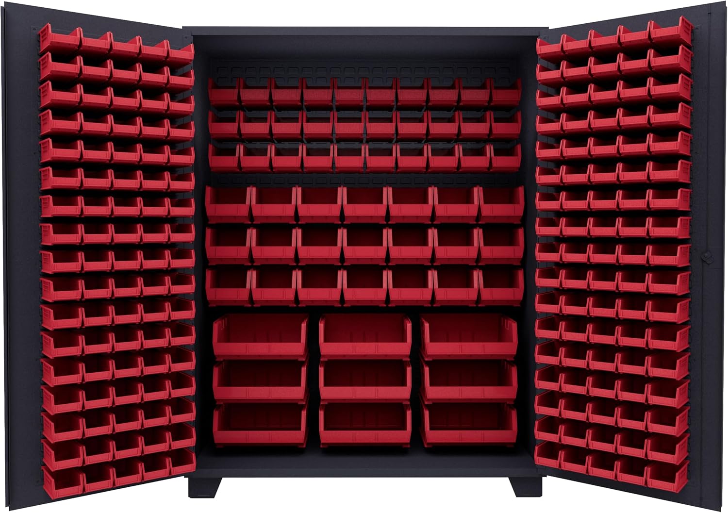 Jamco Tool Storage Cabinets with Bin Mounts, Model DE, Includes 230 Bins, 60-Inch W x 24-Inch D x 78-Inch H, Red Bins