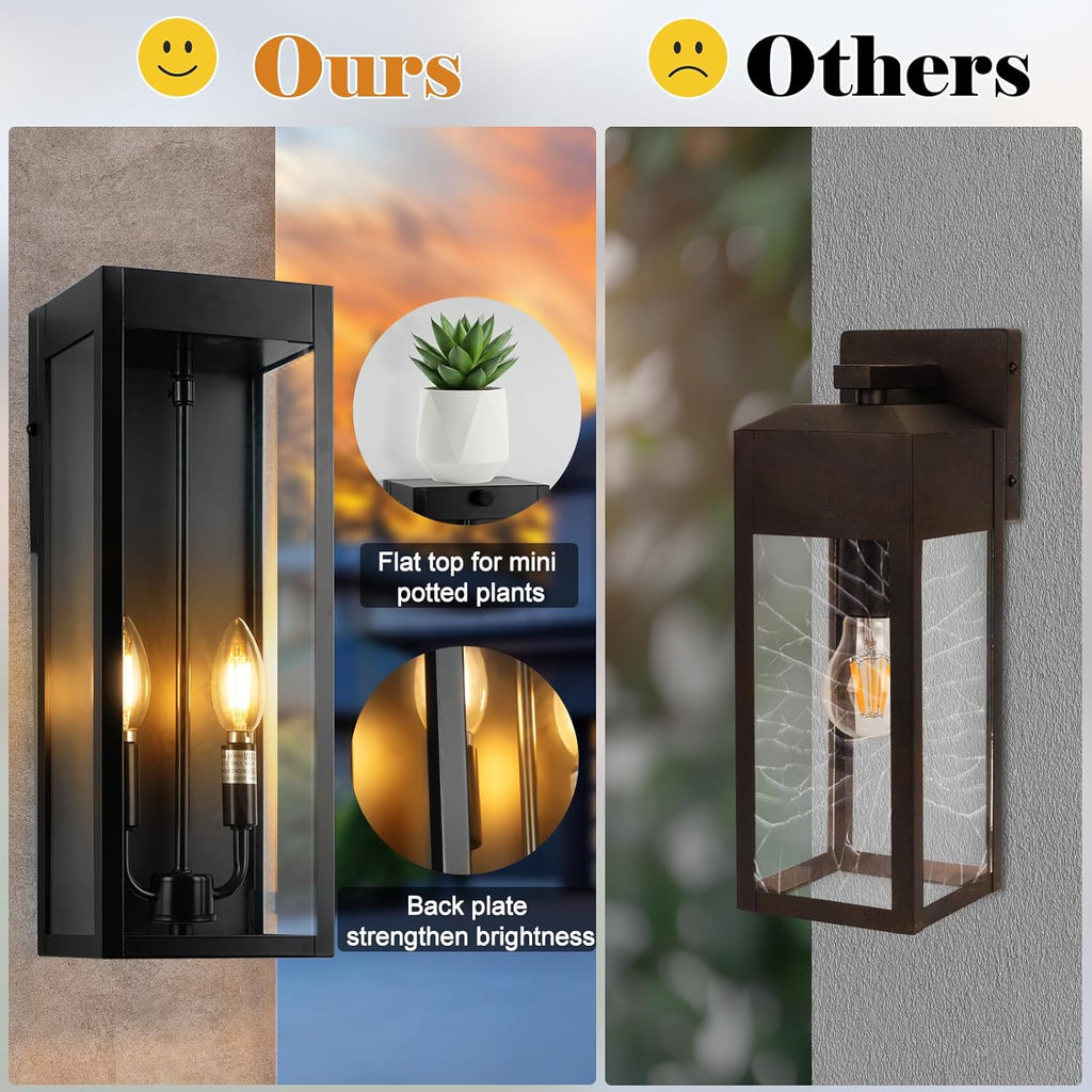 Outdoor Wall Lights 16 Inch Large, 2 Pack Black Modern Exterior Lighting Fixtures Wall Mounted with 2 Candle Light, Waterproof Outside Sconce Coach Garage Lanterns Porch Lamps for House E12