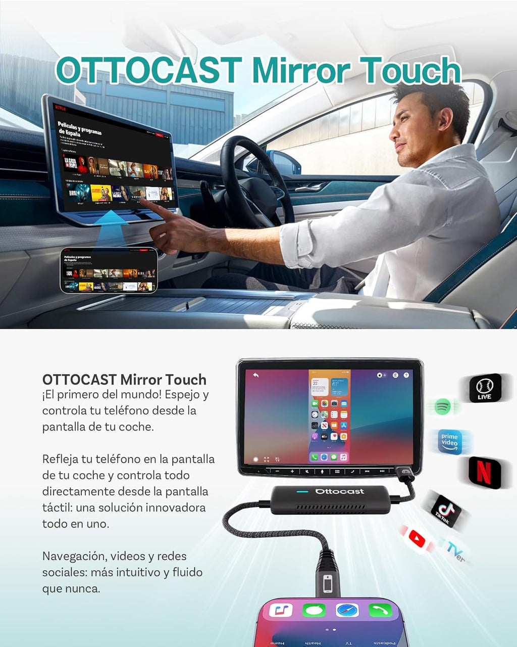OTTOCAST Mirror Touch Wireless CarPlay Adapter - Bi-Directional Phone Mirroring & Dual Mode for Factory Wired CarPlay - Seamless iPhone & Android Integration