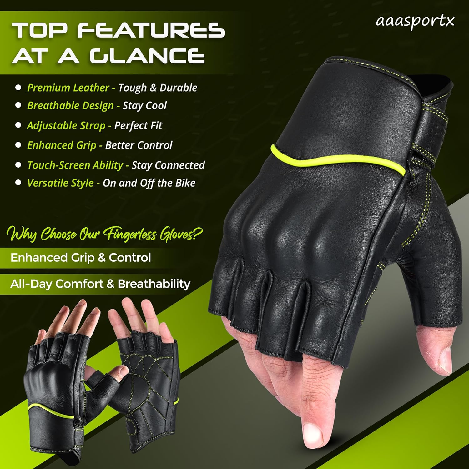 aasportx Motorcycle Gloves - Men's Leather Motorbike Gloves with Touchscreen Function - Non-Slip Pads for Men & Women