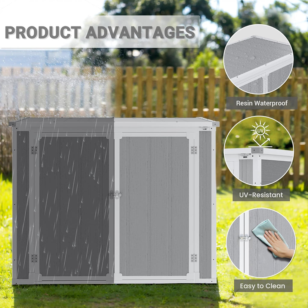 Horizontal Storage Shed 41 Cu.Ft, Lockable Outdoor Resin Cabinet for Garbage Cans, Lawn Mower & Garden Tools, Weather-Resistant Design for Patio or Backyard (Cold Gray)