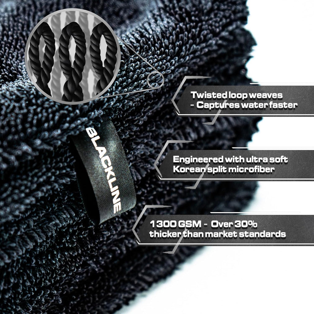 Blackline Car Drying Towel - 2ft x 3ft XL, Popular Pick Among Detailing Pros - 1300 GSM Microfiber - Absorbs Over 8lbs of Water - Leaves No Streaks, Spots or Scratches - Dries an Entire Vehicle