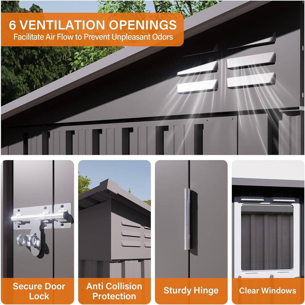 4 x 9 FT Metal Outdoor Storage Shed w/Lockable Door, Lean to Storage Sheds with Clear Window and Air Vents, All Weather Waterproof Garden Tool House for Backyard, Patio, Lawn, Gray
