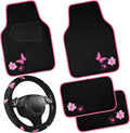 CAR PASS Embroidery Butterfly Steering Wheel Cover and Waterproof Car Floor Mats,Pink Car Mats 14.5-15inch Steering Wheel Covers Universal Fit for Cars, Suvs,Sedans,Van,for Women Girl(Black and Pink)