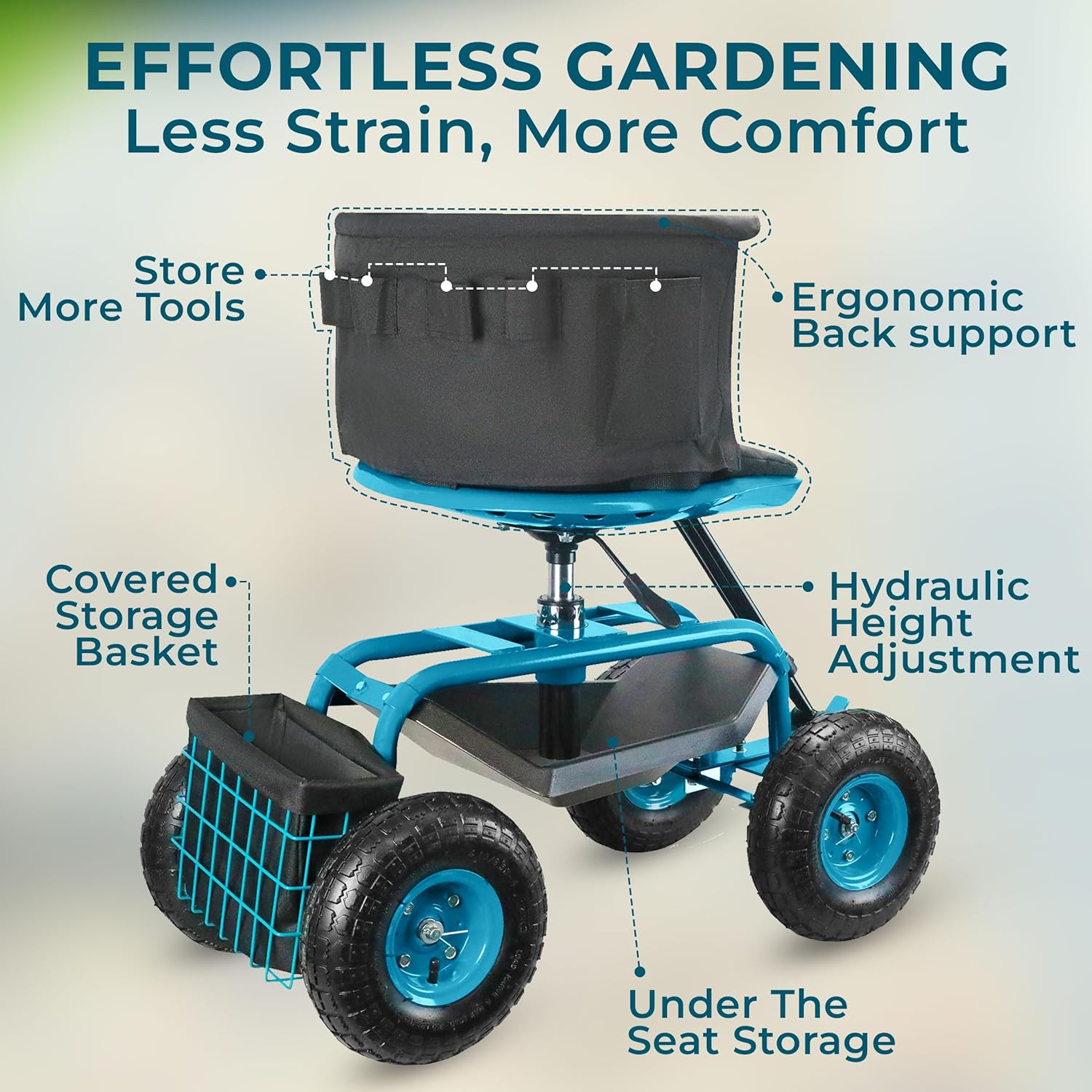 Garden Seat with Wheels – Adjustable 360° Swivel Gardening Stool with Hydraulic Height Adjustment, Ergonomic Backrest, and Tool Storage – Rolling Stool for Garden, Yard, and Outdoor Use