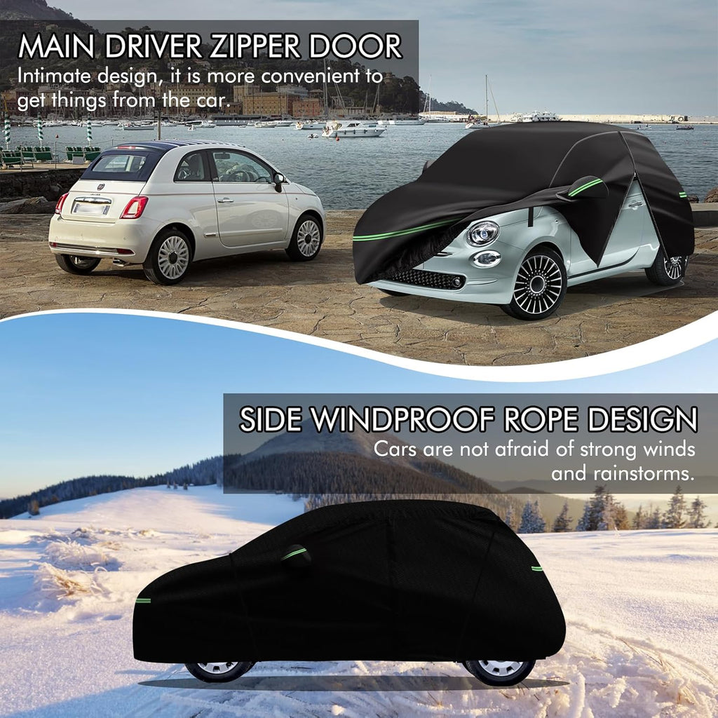 Replace for 2007-2023 Fiat 500/500C Car Cover 210D Outdoor Waterproof UV Snow Rain Protection, with Cotton Layer, Zipper Door, Reflective Strip, Storage Bag, for Abarth Turbo Sport Lounge Pop