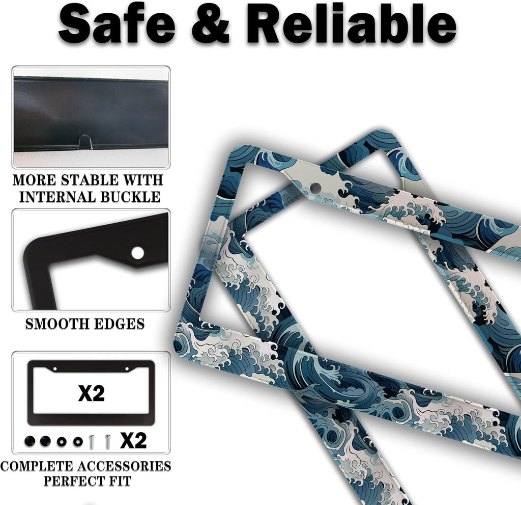 License Plate Frames for Men Multicolor License Plate Frame Holder for Women Ocean Waves Aluminum Metal Car Accessory 2 Pack with Screw Covers Set