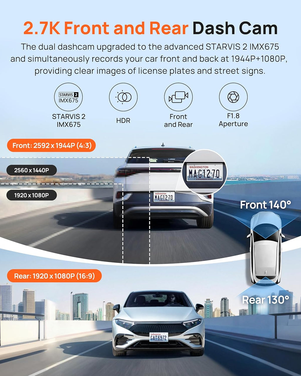 70mai Dash Cam Front and Rear A510,1944P+1080P with STARVIS 2 IMX675 and 64GB Card, Dash Camera for Cars, 4G LTE Support, ADAS, Built-in GPS WiFi, APP Control, HDR, 24H Parking Mode, Loop Recording