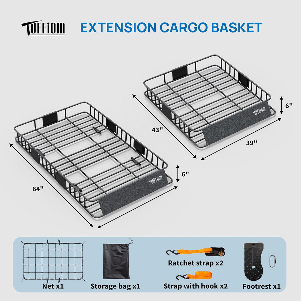 Bonnlo 250lbs Extendable Rooftop Cargo Carrier,64 * 39 * 6inch Universal Roof Rack Basket with Rubber Net,Storage Bag,Straps and Footrest,for SUV/Truck/Van