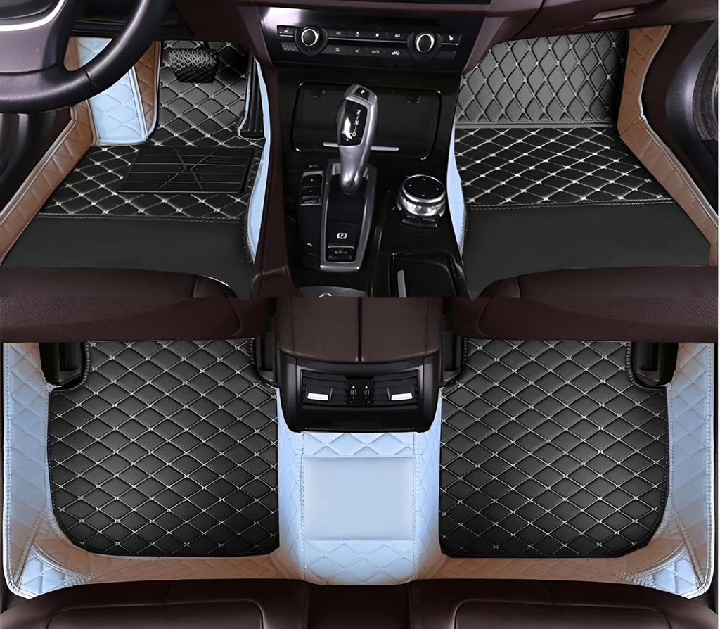 Add Personal Touch to Your Vehicle with IMEISH Customizable Logo Text Car Mats for 99% of vehiclesPads Protection Non-Slip Leather Floor Liners (White and Black Beige)