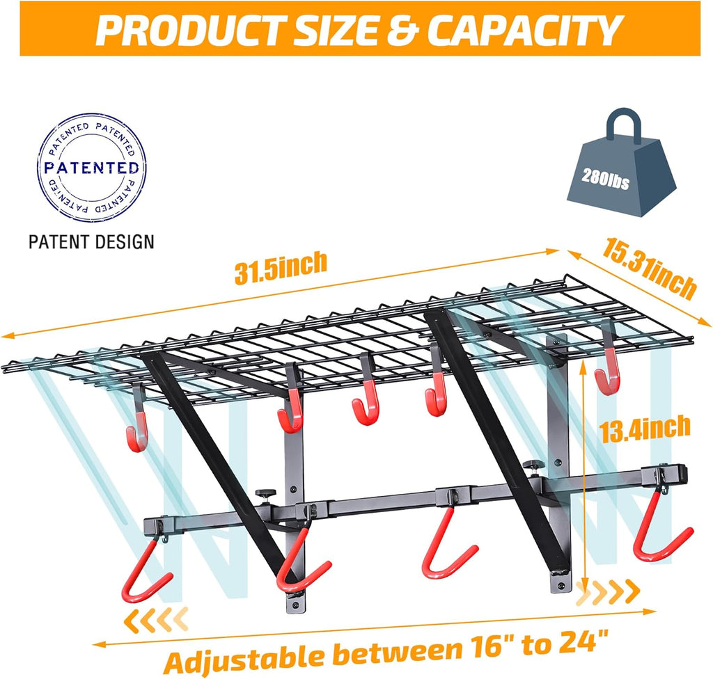 PLKOW Garage Wall Shelving, Wall Mount Bike Storage Rack with 8 Adjustable Bike Hooks, Heavy-Duty Bike Rack for Garage, 280 Lbs Load Capacity, 2-Pack