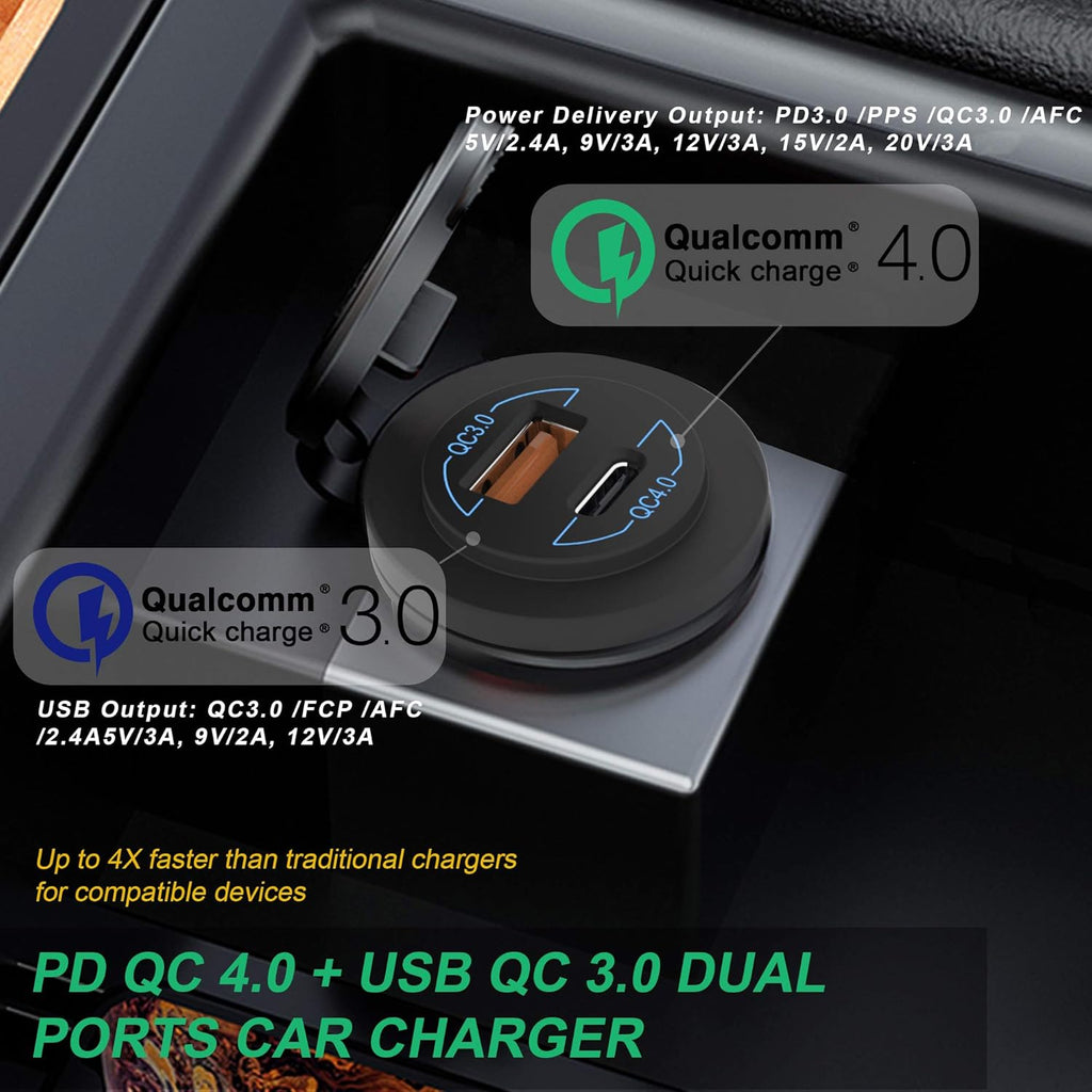 12V USB Outlet - 90W(Max) Dual Ports QC4.0 PD & Quick Charge3.0 Car Charger Socket with LED Indicator - Waterproof USB C Port for Car Boat Marine Motorcycle RV Truck ATV Golf Cart