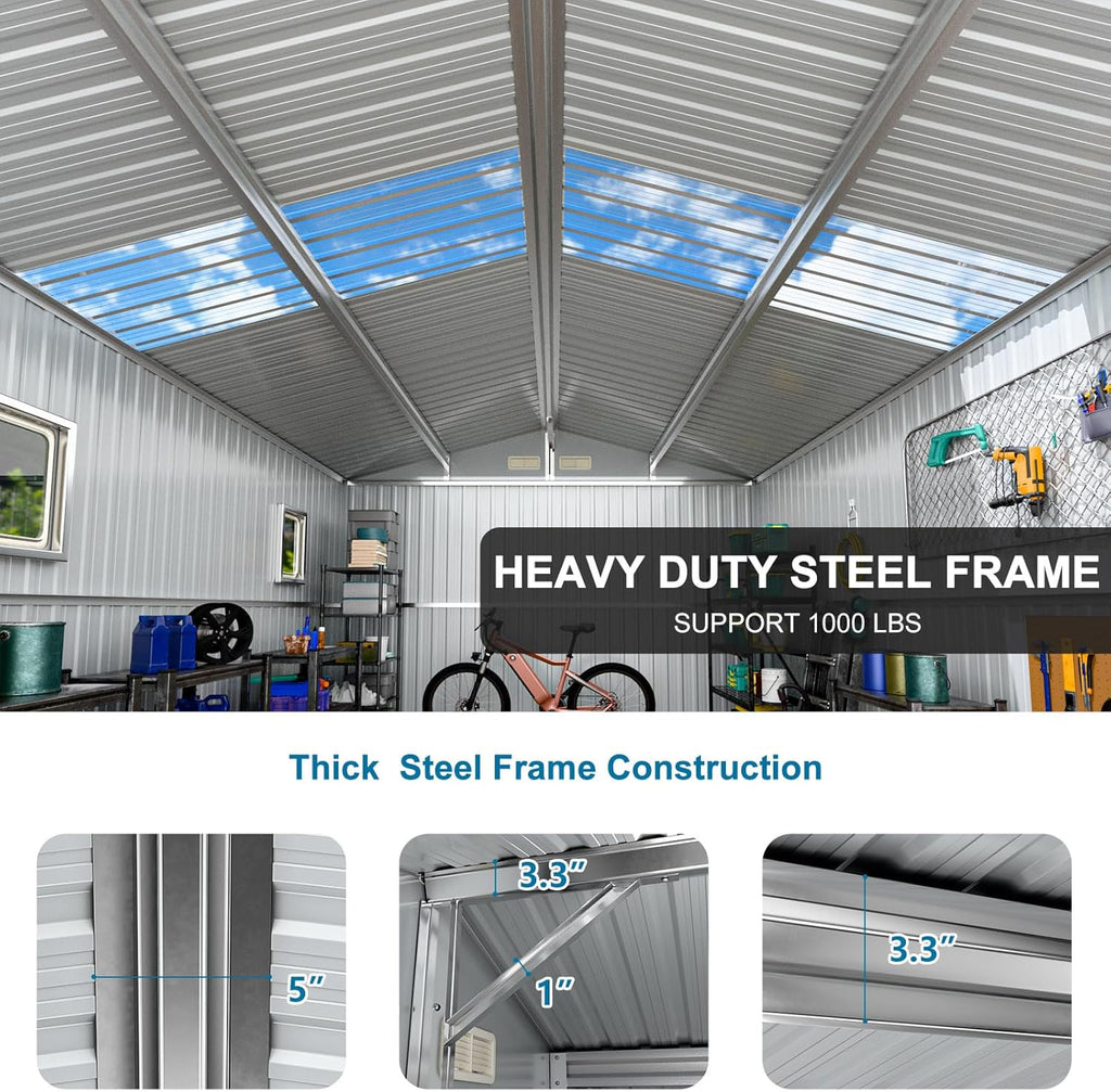 10x10 FT Metal Shed Large Waterproof Outdoor Tools Storage with Clear Roof Windows Air Vent Door for Outside Garden Patio Lawn Backyard to Store Bikes,Lawnmower,Garage,Dark Grey