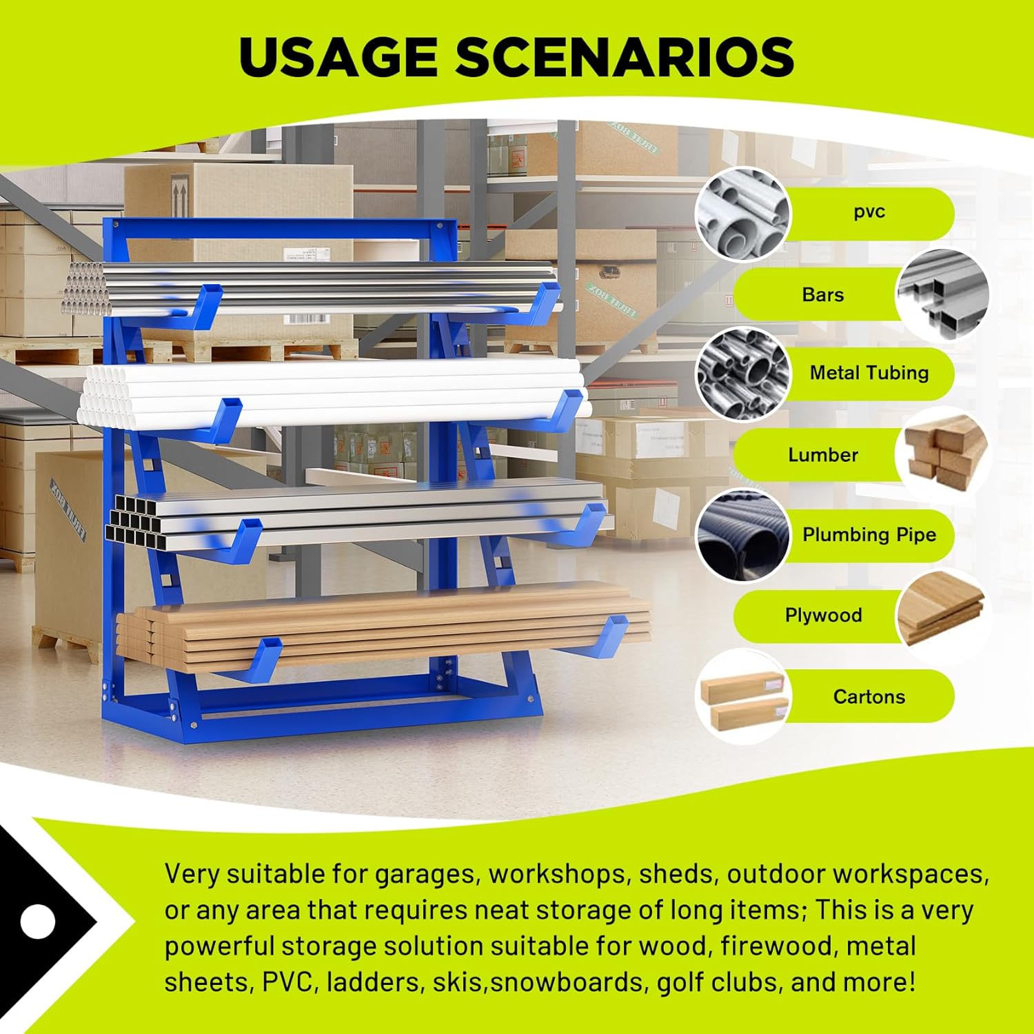 Heavy Duty Steel Horizontal Storage Rack with 4-Level Lumber Organizer Shelf Pipe Organizer Support Rack For Supermarket，Garage, Basement, Pantry, Workshop, 24''L x 60-7/8''H x 48-3/8''W