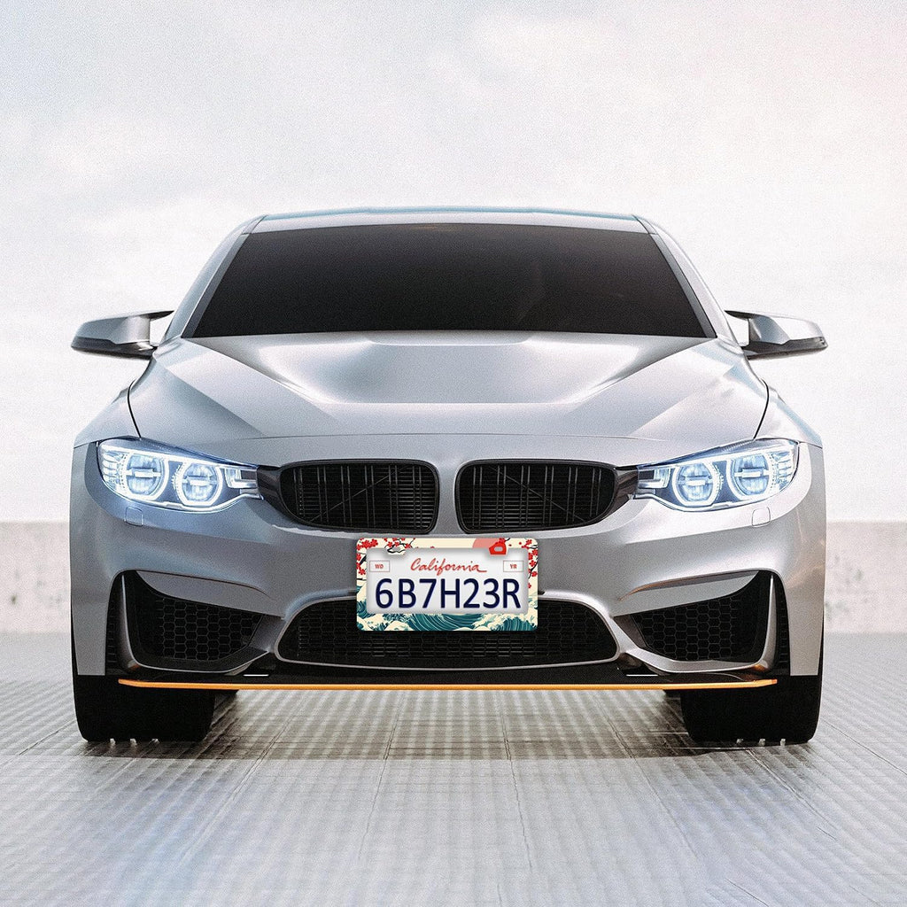 Waves Cherry Blossom License Plate Frames - 2 Pcs Set 2 Holes Stainless Steel Metal Auto Car Accessories Decoration License Plate Frame Cover Size 6.3" x 12.2" Fit US Vehicles for Women Men Gift