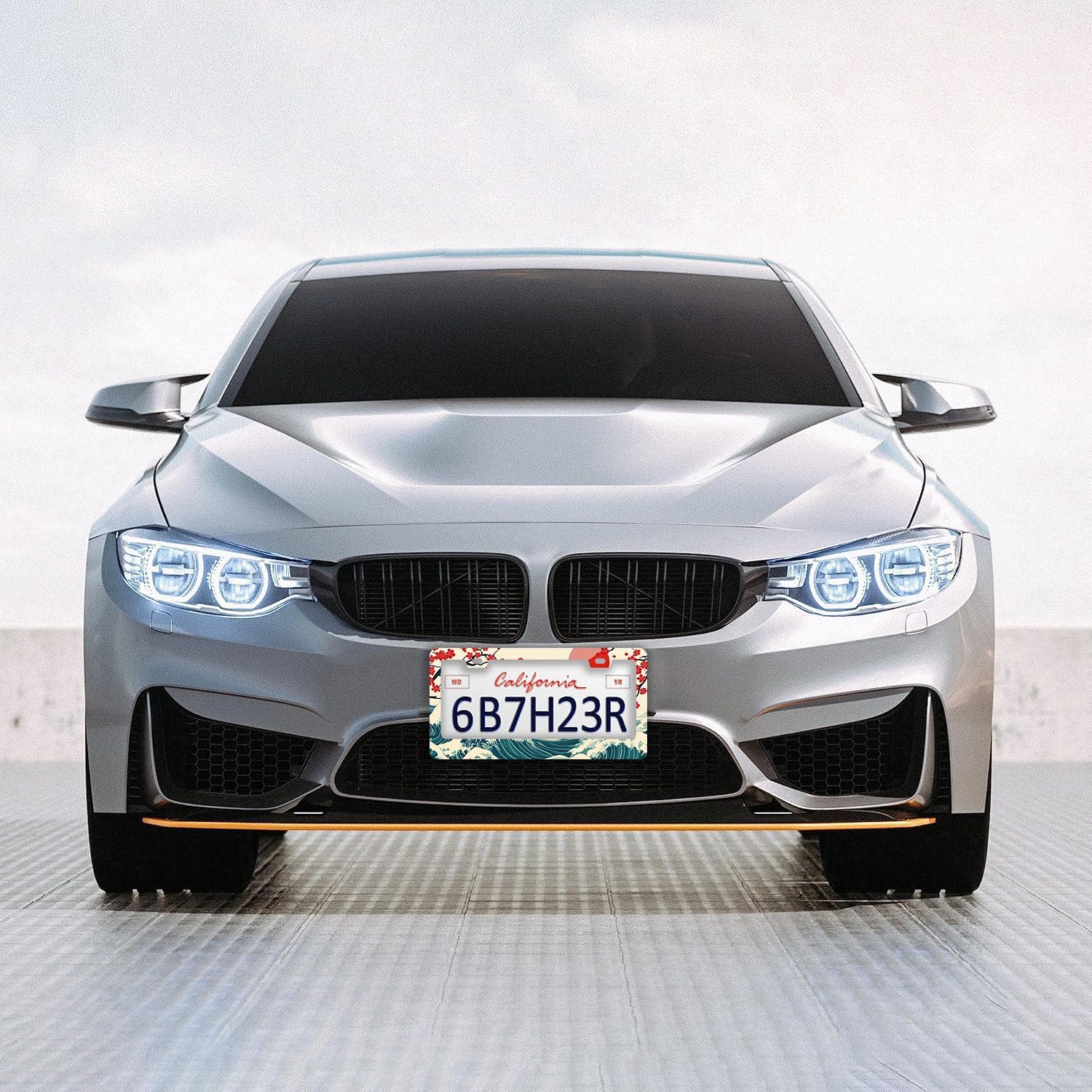 Waves Cherry Blossom License Plate Frames - 2 Pcs Set 2 Holes Stainless Steel Metal Auto Car Accessories Decoration License Plate Frame Cover Size 6.3" x 12.2" Fit US Vehicles for Women Men Gift