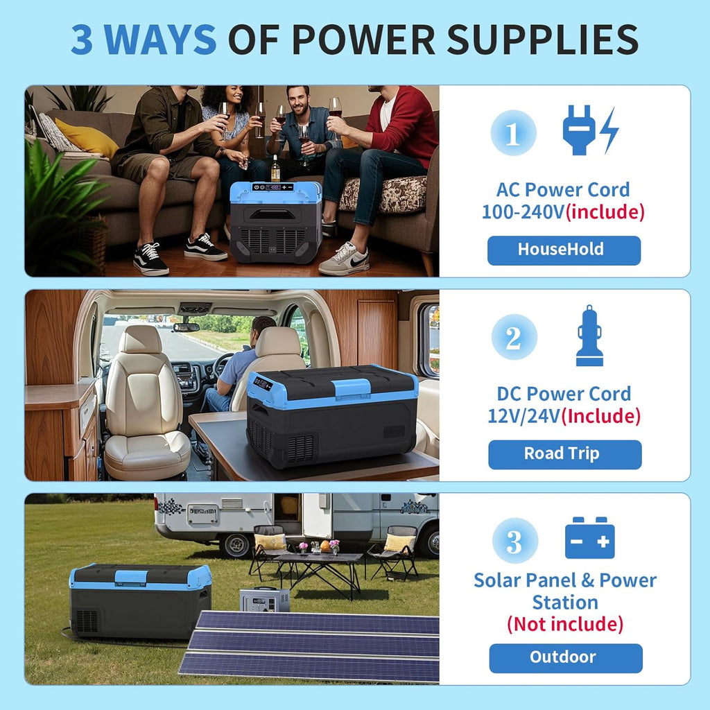 30L Car Refrigerator Freezer, 32QT Single Zone Portable Fridge with Blow Expansion Evaporator, Reversible Door, LED Control, Fast Cooling, 100–240V AC / 12V / 24V DC, -4℉~68℉, Ice Blue