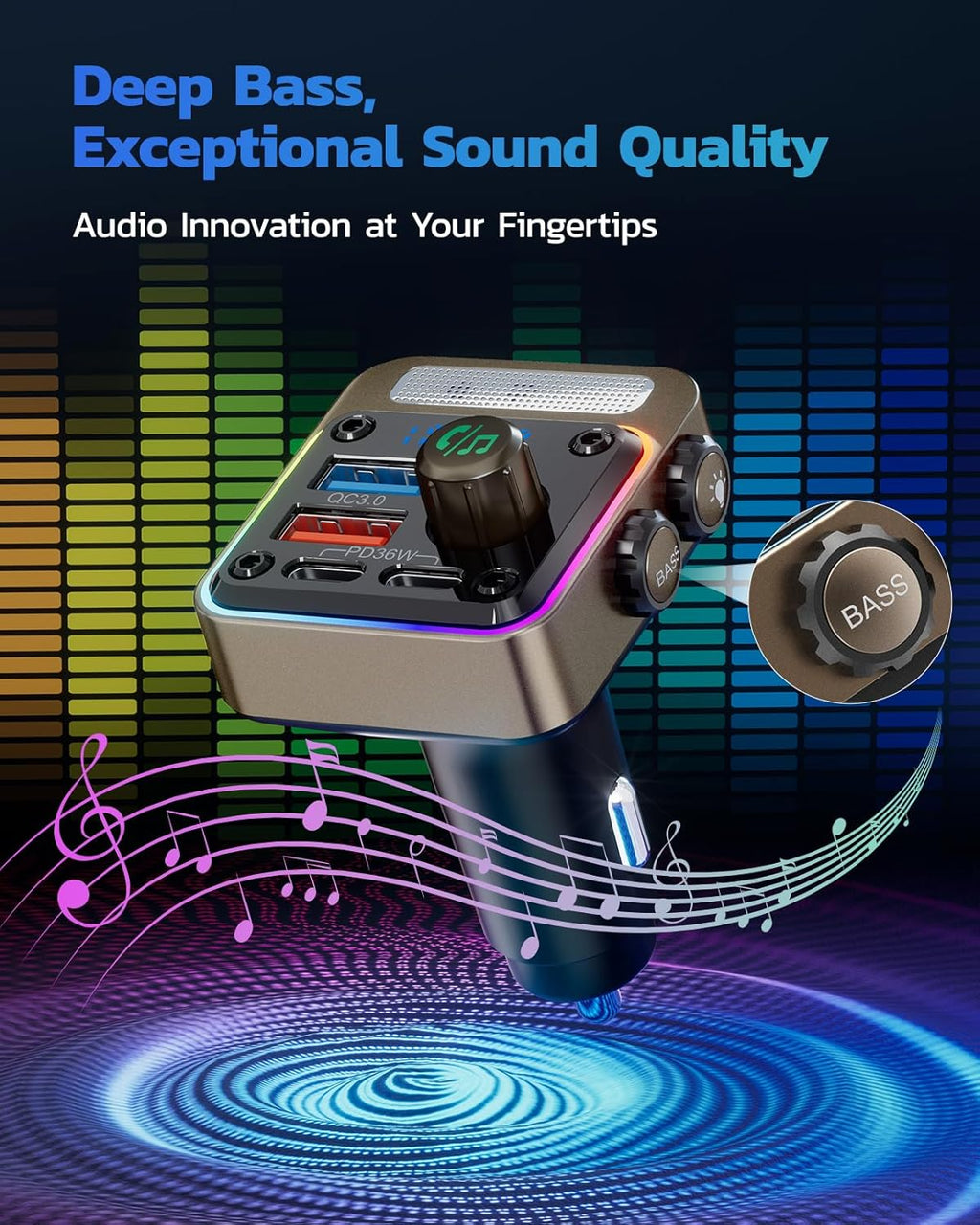 Nulaxy 54W Bluetooth 5.3 Car Adapter with 4 Charging Ports [PD 36W & QC3.0 18W], Wireless Radio FM Transmitter with Deep Bass Player & 5 Colors LED Backlit, Hands-Free Calling - Gold