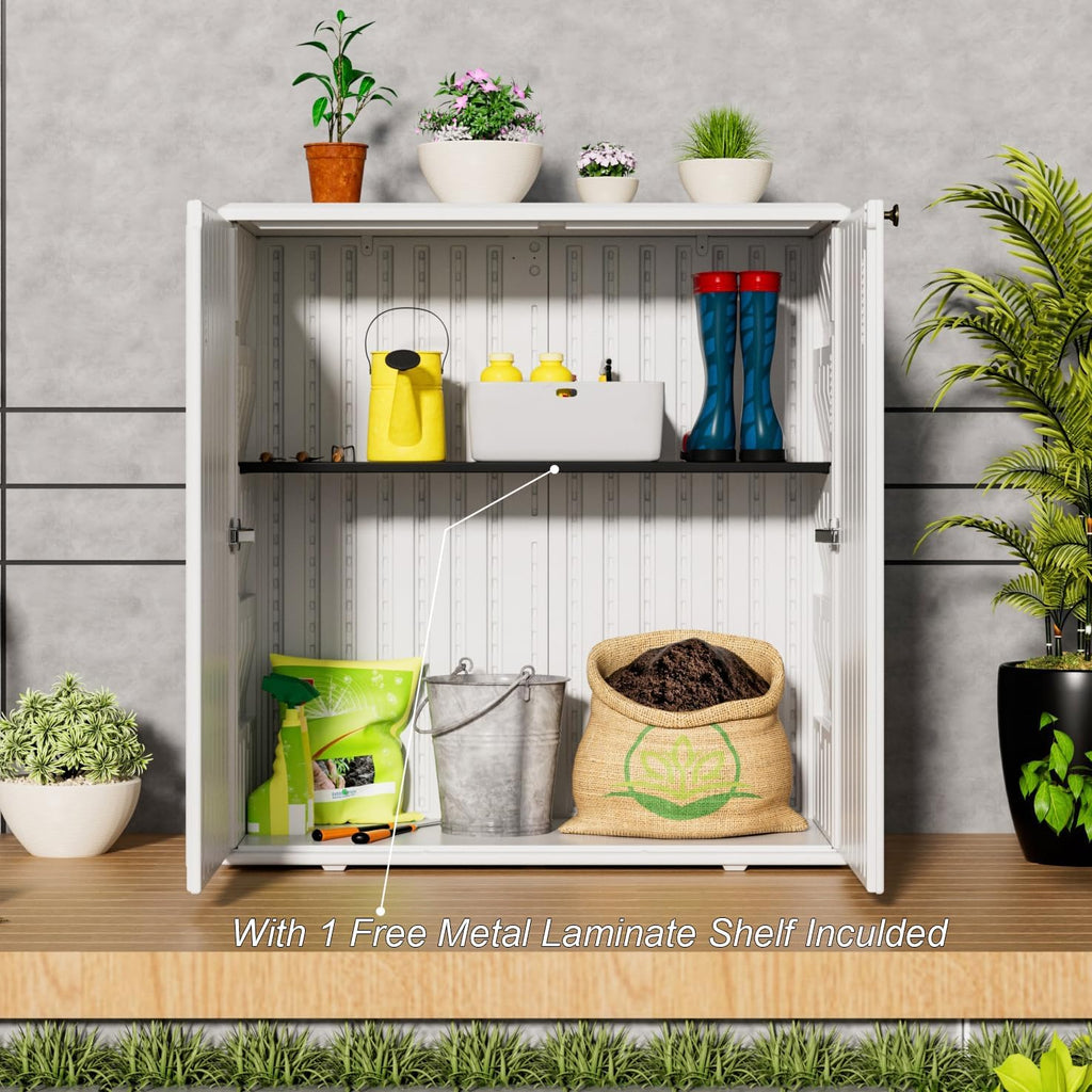 HOMSPARK Indoor/Outdoor Storage Cabinet with Doors and Shelf, 34”x16”x36” HDPE Plastic Storage Box for Patio, Bedroom, Bathroom, Living Room, Balcony, Multi-Purpose for Daily Tools, White
