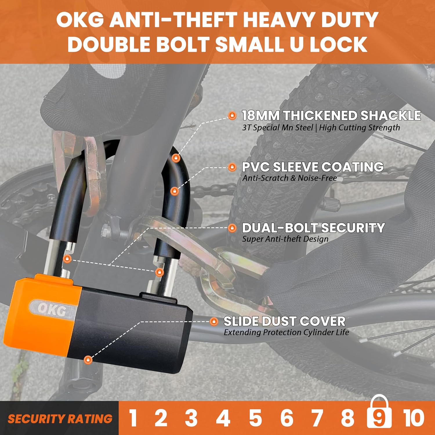 OKG Heavy Duty Small U Lock – 18mm Anti-Cut Manganese Alloy Steel U-Shackle | Dual-Deadbolt Anti Theft Motorcycle Lock for eBike/ATV/Trailer | Drill-Proof & Weatherproof (4 Keys, No Security Chain)