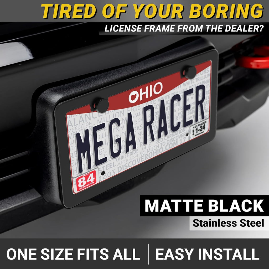 Premium Slim Matte Black License Plate Frames – 2 Pack, Rust-Free Stainless Steel & Rattle-Free, Street Legal, Universal with Screw Caps Cover, Thin Metal Front & Rear Car Tag Holders for Men & Women