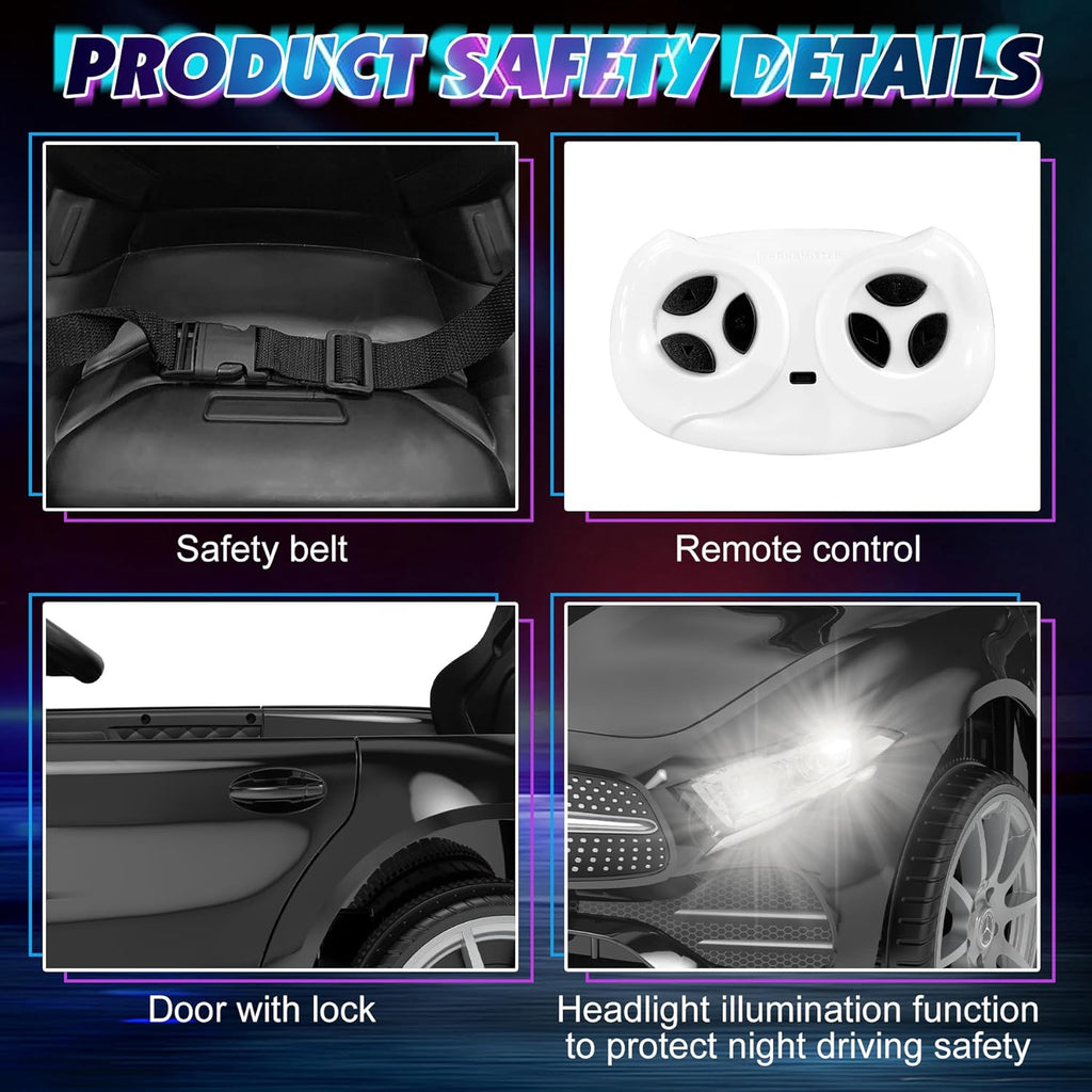 12V Kids Ride On Car with 2.4G Remote Control,Battery Powered Electric Car Ride On Vehicle Double Doors, 5 Point Safety Belt,LED Light (SC-Black)