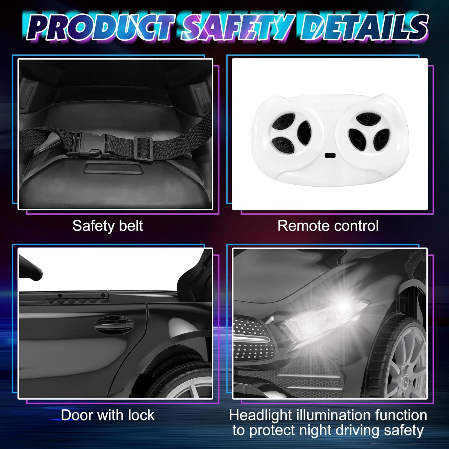 12V Kids Ride On Car with 2.4G Remote Control,Battery Powered Electric Car Ride On Vehicle Double Doors, 5 Point Safety Belt,LED Light (SC-Black)