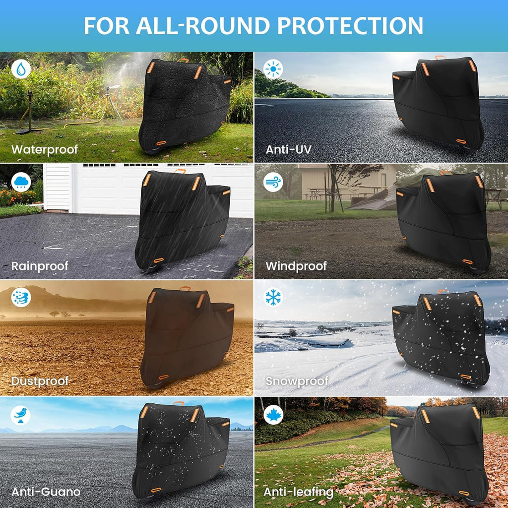 Motorbike Cover for Outside Storage, Waterproof Motorcycle Scooter Moped Cover Outdoor with 4 Reflective Strips and 2 Windproof Buckles, 2 Lock-Holes for Cruisers Sportbikes (2XL: 94 x 35 x 49 inch)
