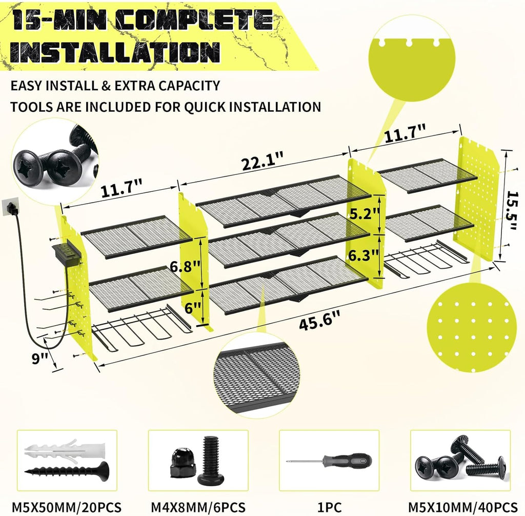 45" Large Power Tool Organizer Wall Mount with Charging Station - 3 Layer Storage Racks with 8 Cordless Drill Holder, 4 Hooks, Heavy Duty Garage Tool Organizer Storage for Workshop Pegboard Basement