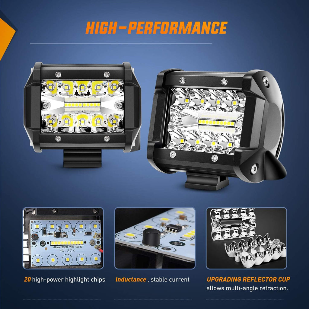 Nilight LED Light Bar 2PCS 60W 4 Inch Flood Spot Combo LED Work Light Pods Triple Row Work Driving Lamp with 12 ft Wiring Harness kit - 2 Leads