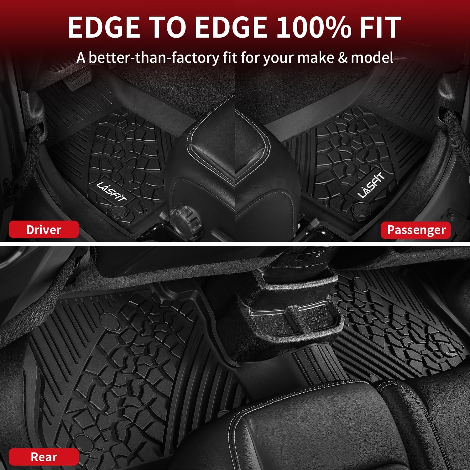 LASFIT Floor Mats for Jeep Wrangler JL 2018-2025 Unlimited 4 Door Gas/MHEV Type (Not Fit for JK or PHEV) All Weather TPE Custom Fit Car Mats Floor Liners 1st & 2nd Row, Black