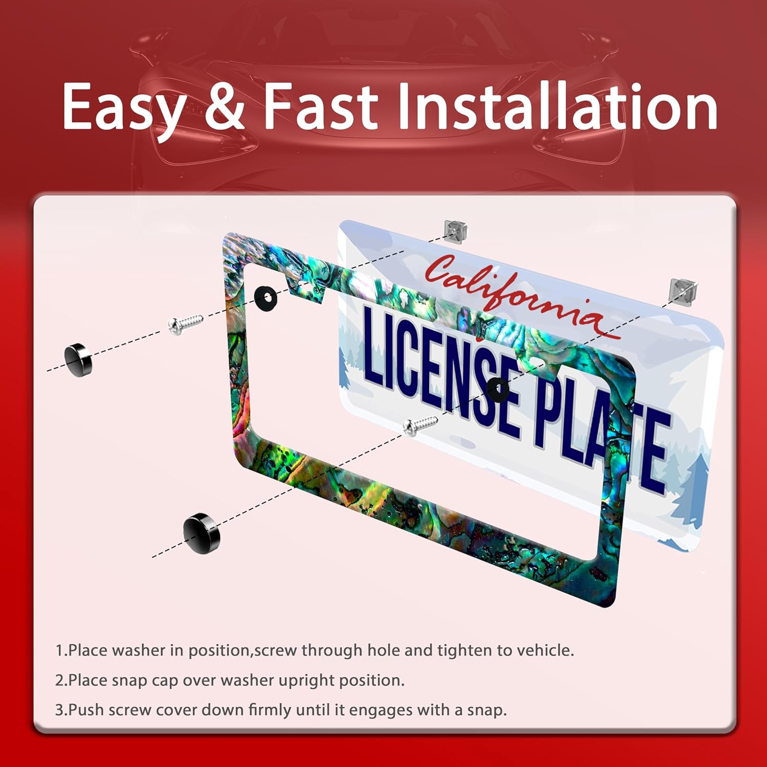 Personalized License Plate Frame Faux Abalone Stainless Steel Accessory Faux Shell License Plate Holder Funny Car Decorative 2 Holes Screws Fits Us Standard License Plates 12.2 X 6.3 in for Men Women
