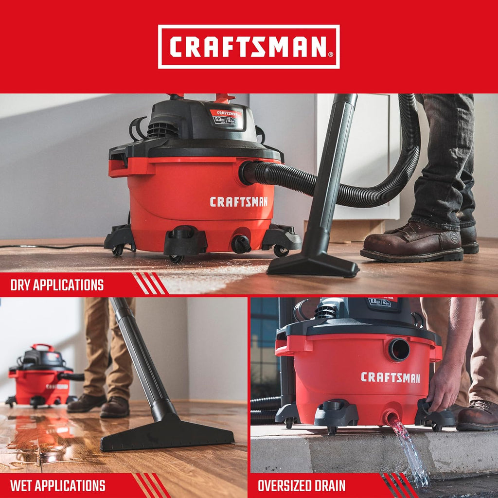 CRAFTSMAN CMXEVBE17594 12 Gallon 6.0 Peak HP Wet Dry Vac, Portable Shop Vacuum Wet and Dry with Filter, Dust Bag, Hose and Attachments for Home Projects & Renovations