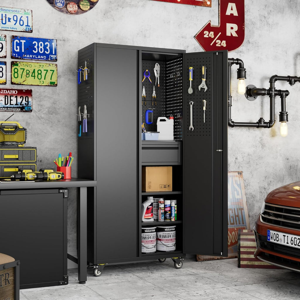 71" Metal Garage Storage Cabinet with 16 Hooks and Pegboards,1 Drawer Inside Rolling Tool Storage Cabinet with Adjustable Shelves,3 Metal Hanging Rod for Garage,Warehouse