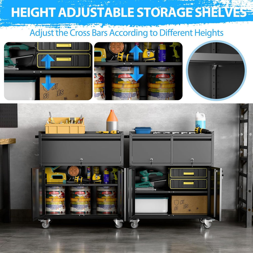 Metal Garage Storage Cabinet with Wheels and Pegboard, 35.4" H Lockable Tool Storage Cabinet with One Drawer, Adjustable Shelf and 4 Hooks for Garage, Warehouse, Black