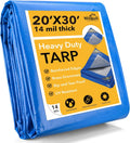 Tarp 20x30 Feet 14 Mil Heavy Duty Waterproof Tarp, Large Multipurpose Cover with Brass Grommets and Reinforced Edges, UV Resistant Thick Poly Tarps for Outdoor Camping Tent Pool Car, Blue