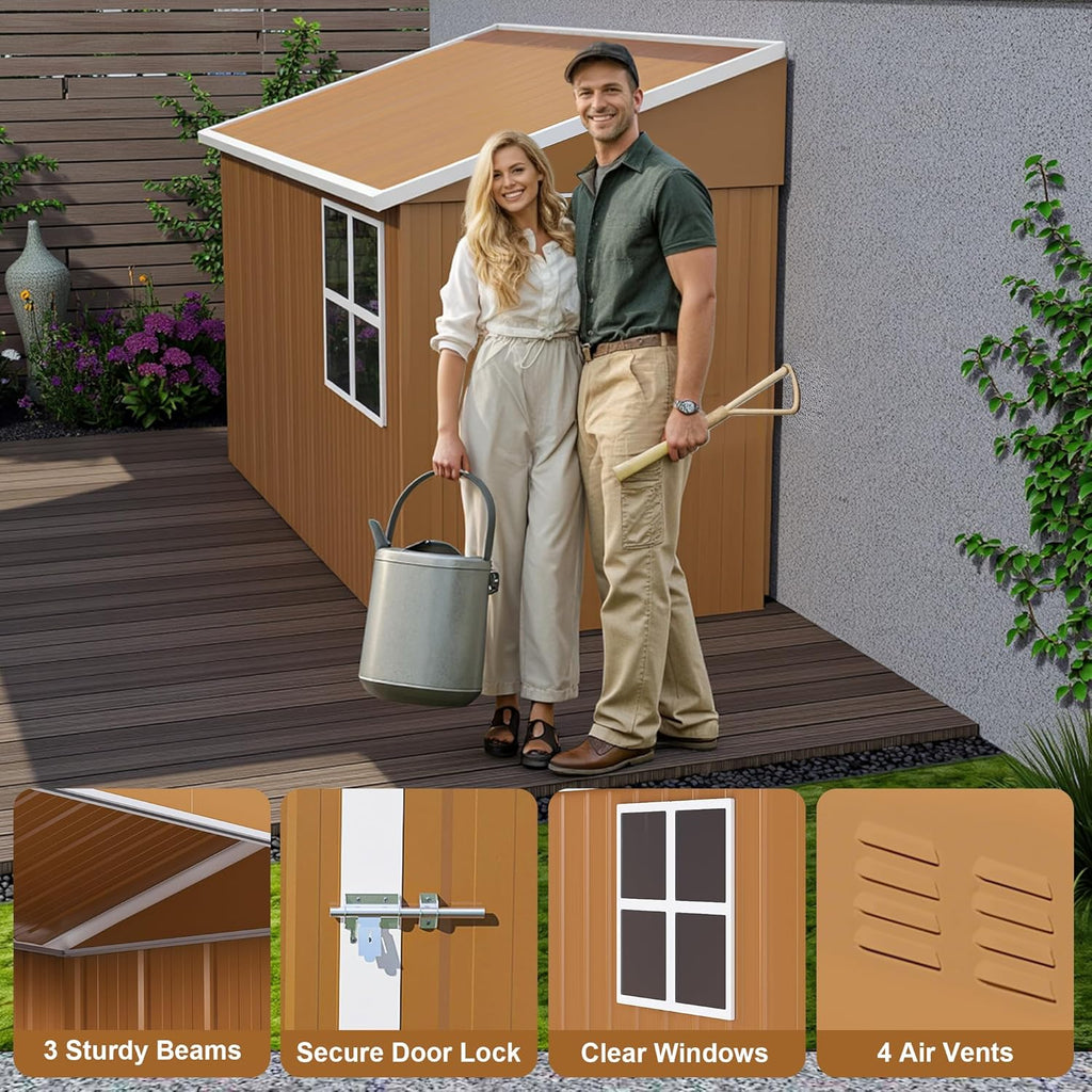 8 x 4 FT Outdoor Lean to Storage Shed, Metal Garden Tool Shed with Slooping Roof, Lockable Doors and Windows, All-Weather Weatherproof Blike shed for Garden, Patio, Lawn, Yellow