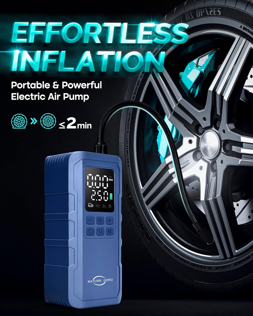 Tire Inflator Portable Air Compressor,150 PSI car tire air pump portable with Digital LCD Pressure Gauge,Electric Air Pump for Motorcycle Tires,Bicycle Tires and Balls,Blue