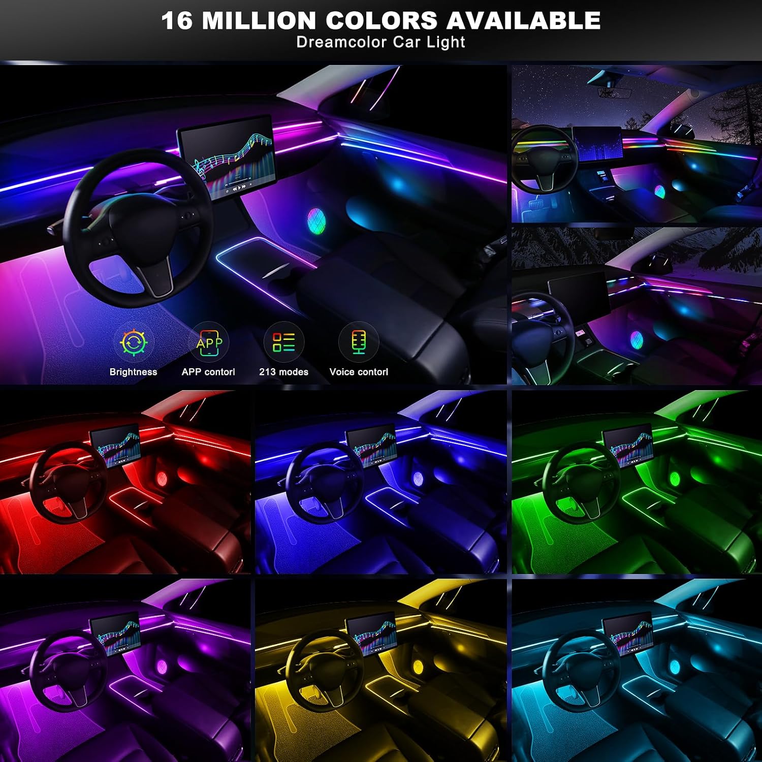 Dreamcolor Acrylic Interior Car LED Strip Light with Wireless APP, RGB 22 in 1 with 175 inches 612 LEDs Fiber Optic Strip Lights for Car, Dual Zone Music Sync Neon Car Ambient Lighting Kits