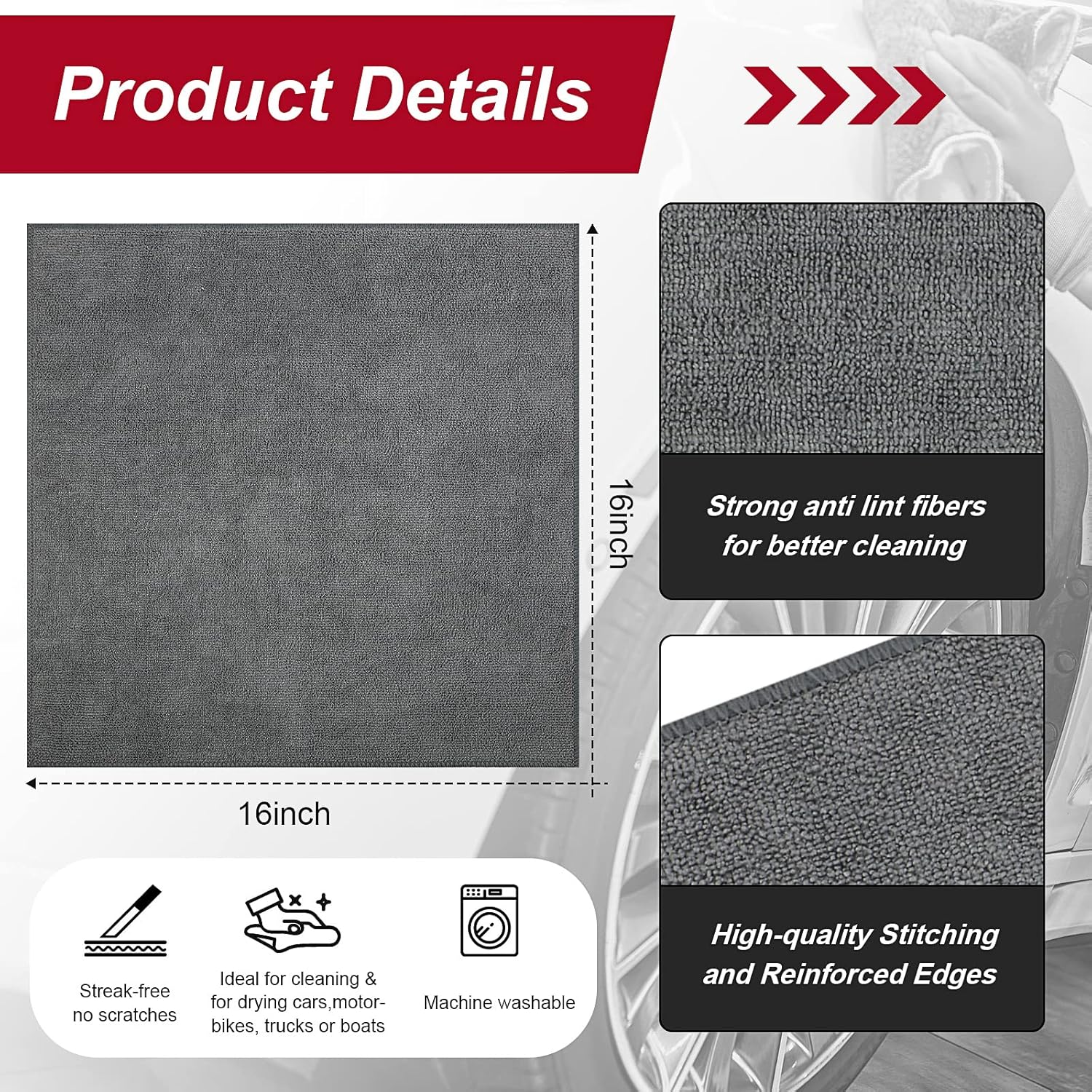 200 Pcs Microfiber Cleaning Cloth 16x16 Inch Microfiber Towels for Car Ultra Absorbent Cleaning Rags Reusable Lint Free Streak Free Detailing Towel for Car Washing Drying Dusting (Gray)