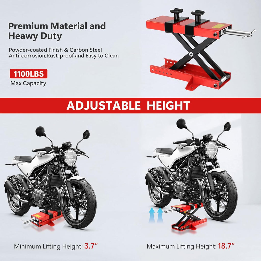 Motorcycle Scissor Lift Jack 1100LBS, Heavy Duty Bike Lift with Safety Lock Pin & Non-Slip Saddle, 3.7"-18.7" Lift Range for Cruisers, ATVs, Dirt Bikes