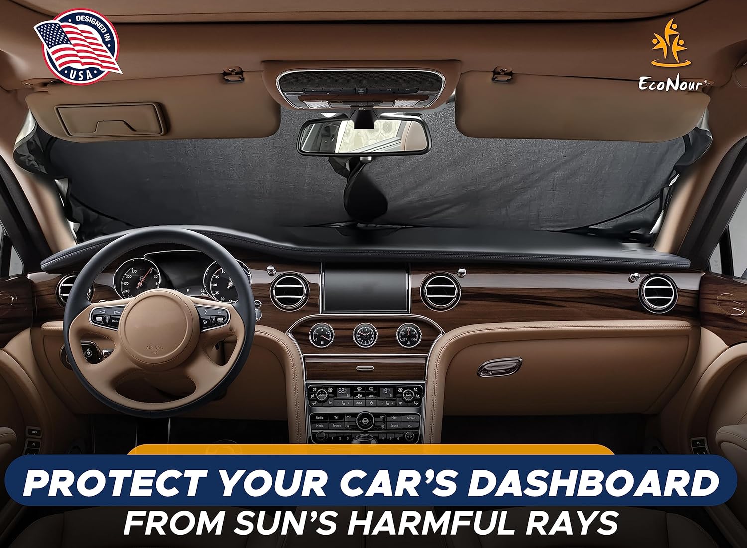 EcoNour Windshield Sun Shade Premium | Sunshade Protects Car Interior | Car Sun Shade Windshield Blocks UV Ray & car Accessories | Universal Fits Small Sedans | Mini SUV & Hatchbacks | Medium (64x32)