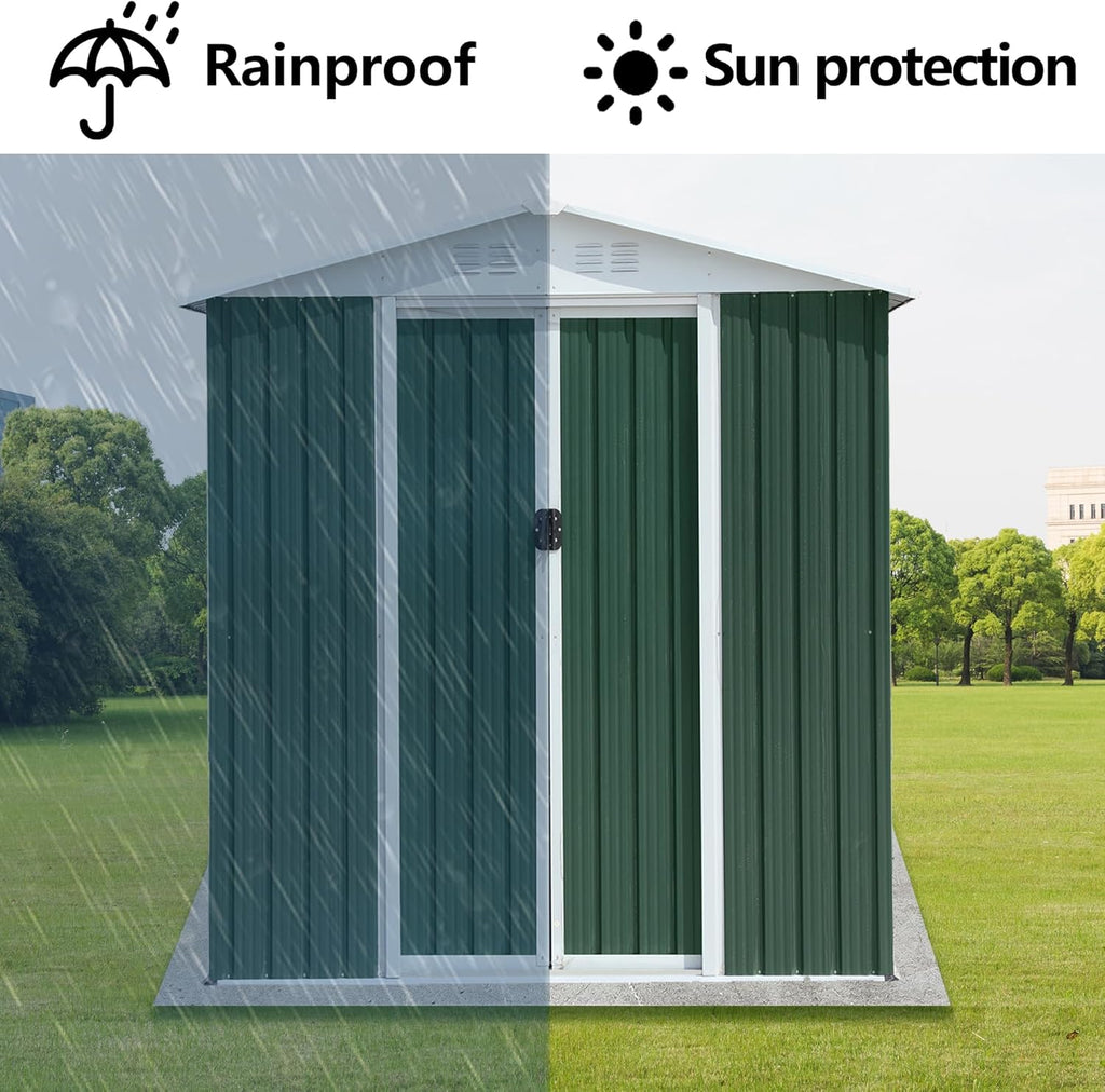 6x4 FT Outdoor Metal Storage Shed, Waterproof Outside Garden Sheds w/Lockable Sliding Doors and Vents, Weather Resistant Steel Tool Storage House for Backyard, Patio, Lawn, Green