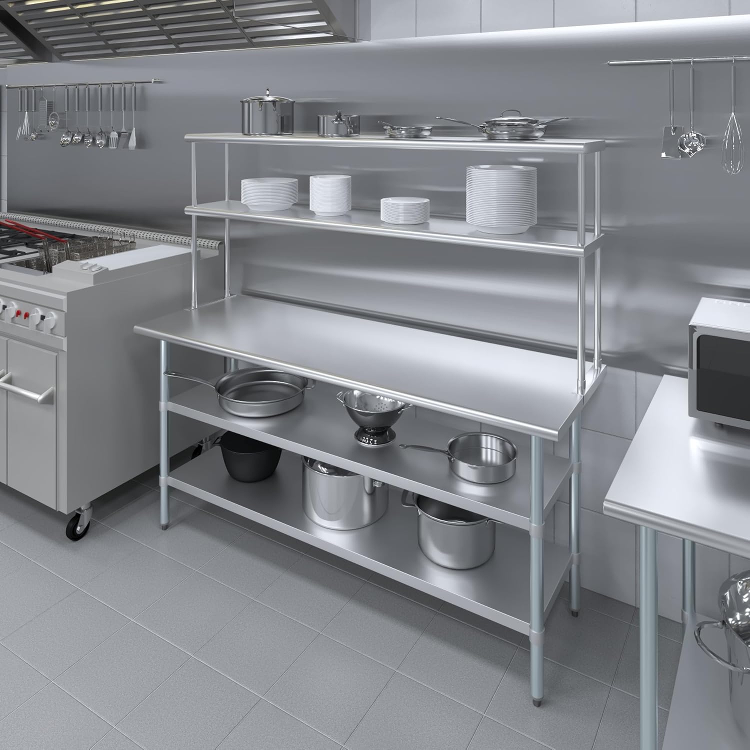 Amgood Stainless Steel Work Table with 2 Shelves | Metal Kitchen Prep Table & Shelving Combo (24" x 72" Table with 2 Shelves + 12" Overshelf)