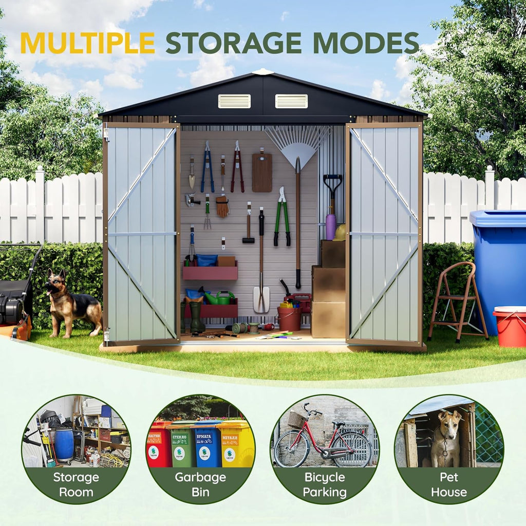 Breezz 8X6FT Outdoor Steel Storage Shed with Frame Floor,Clear Window, Lockable Doors, Weather-Resistant Metal Tool Shed for Garden, Backyard, Patio, and Utility Storage Brown
