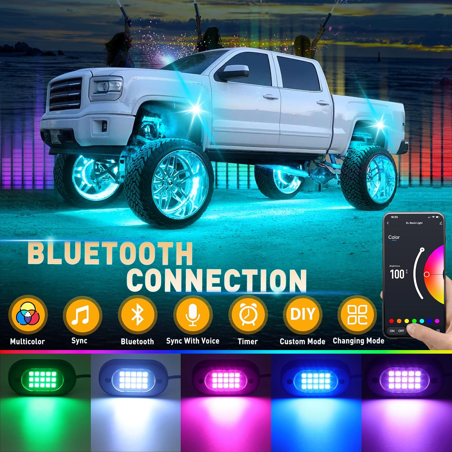 Honalia Rock Lights for Trucks 14 pods, RGB Truck Rock Lights with Music Mode, Neon Light Kits for UTV ATV Golf Cart RZR